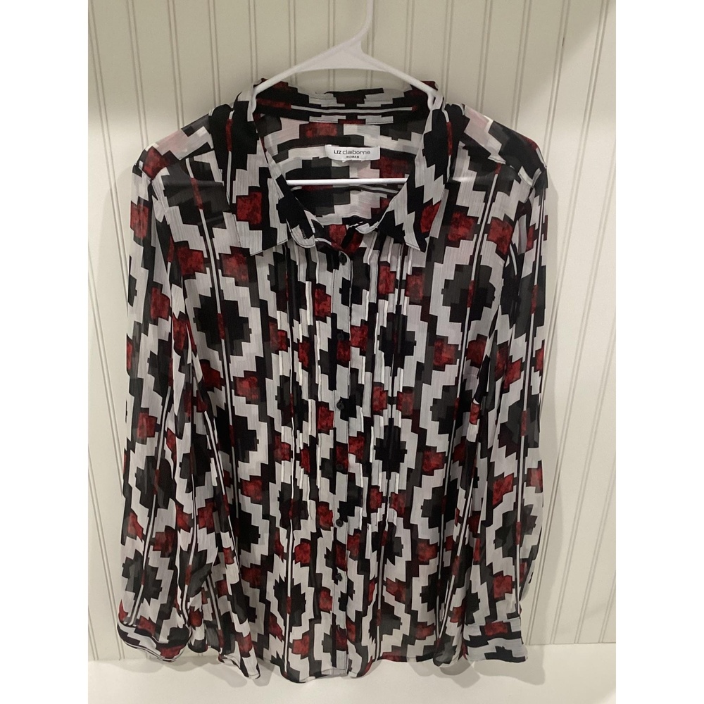Liz Claiborne Women's Red Black‎ Long Sleeve Collared Button-Down Blouse 1X